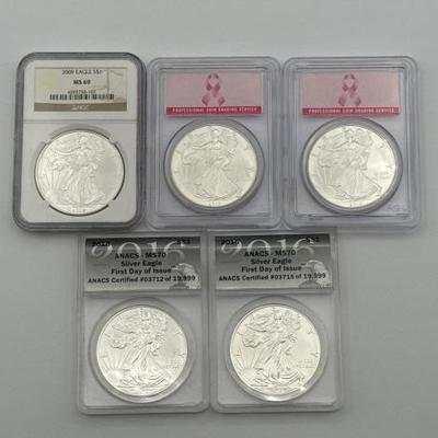 #386 • (5) 2009-2016 1oz Fine Silver Eagle Dollars

