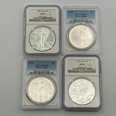 #380 • (4) 1989-1998-P 1oz Fine Silver Eagle Dollars
