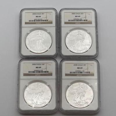 #384 • (4) 2004-2008 1oz Fine Silver Eagle Dollars
