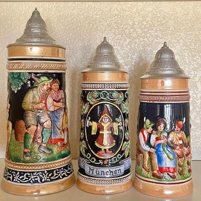  German Beer Stein Collection - Munich Theme, Hand-Painted Ceramic & Pewter Lids