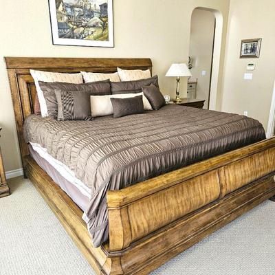 King Size Pennsylvania House "New Lou" Louie Phillipe Style Sleigh Bed in Solid Alder Wood in Distressed Cognac Brown. From...