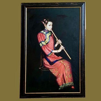 Striking Chinese Artwork - Woman in Red Playing Bamboo Flute- Replica Oil On Canvas Framed 27" x 40"