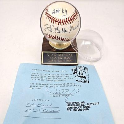 Lot #101 - Baseball Autographed by "Stan The Man Musial" HOF 1969 in Display Case- w/ "The Show" COA