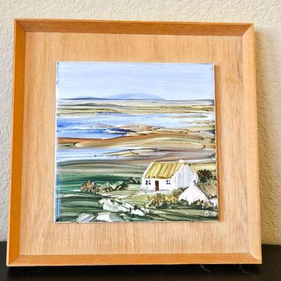  Hand Painted Ceramic Tile Brought Home from Ireland - Set in Wood Frame ready to hang. Irish Landscape