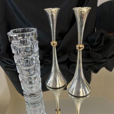 Modernist pair of trumpet shaped candlestick designed by Jens Quistgaard for Dansk Designs in Japan. Both in Silver Plate with a Brass...