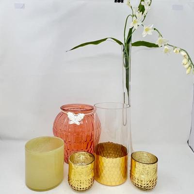 Decorative Glass Vases & Candle Holders Lot - Pink Vase, Clear Glass, Gold Accents & More