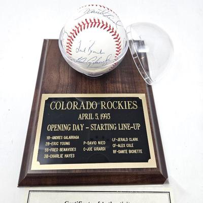 Lot #100 - Colorado Rockies Baseball Autographed by The 1993 Starting Line-up Players (9) on Display Plaque