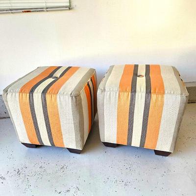  Colorful Upholstered Ottoman Set - Striped Patterned Poufs in Orange, Gray, and Beige