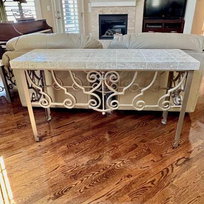 Console Table with Travertine Tile Top and Scrolled Iron Base