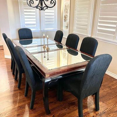 Vintage Ming Style Dining Table w/ Beveled Mirror Inserts, Chinoiserie Chow Legs & 8 Chairs