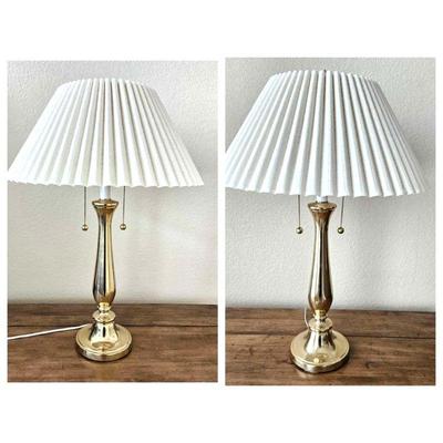  Set of Two Kaeder Brand Vintage Brass Lamps with Pleated Shades and Two Lights with Pulls- 27" Tall