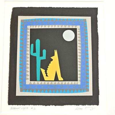 Original Paper Art Framed and Matted "Midnight Coyote #2" Signed by Unknown Artist - Purchased in Santa Fe