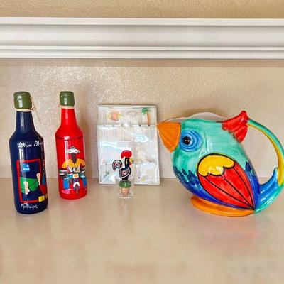 Empty Colorful Decorative Lot - Rum Bottles, Italian Parrot Pitcher (Nieman Marcus), Rooster Cork, and Glass Stir Sticks