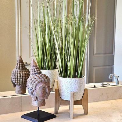 Lot #17 - Buddha Head on Stand From Pier One 14" Tall Plus 30" Faux Plant in Ceramic Pot on A Stand