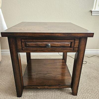 Dark Wood Tone End Table with One Drawer and Lower Shelf - 24" Square - Dove Tailed Drawers
