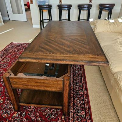 Dark Wood Tone LIFT Coffee Table with Lower Shelf - 48" x 24" x 19.5"H