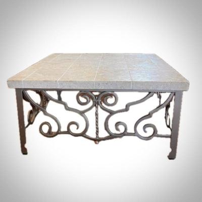 Travertine Tile Top and Scrolled Iron coffee table