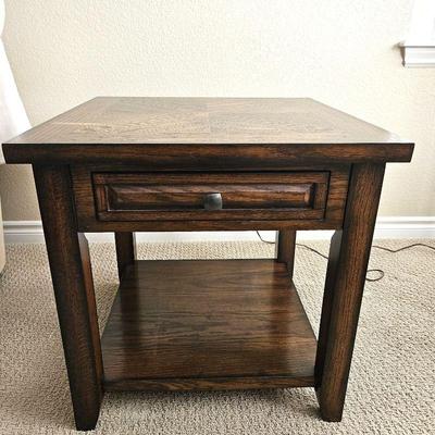 Dark Wood Tone End Table with One Drawer and Lower Shelf - 24" Square - Dove Tailed Drawers