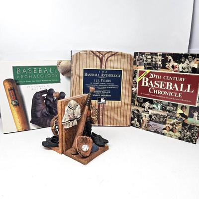 Set of Three Large Coffee Table Books on Baseball Plus Baseball Themed Book Ends
