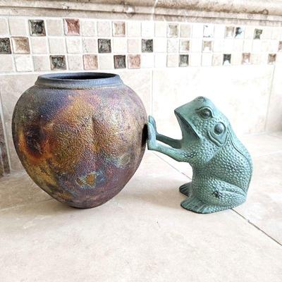  Hand Crafted Pottery Vase with Iridescent Multi-Colored Glaze - Plus Aqua Cast Iron Frog Door Holder