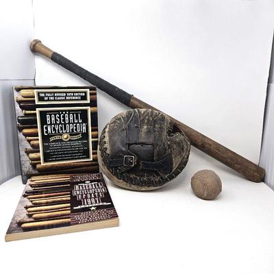 Lot #114 - Vintage 1950s Baseball Glove and Bat - Plus Old Baseball (look) Paperweight and Baseball Encyclopedias