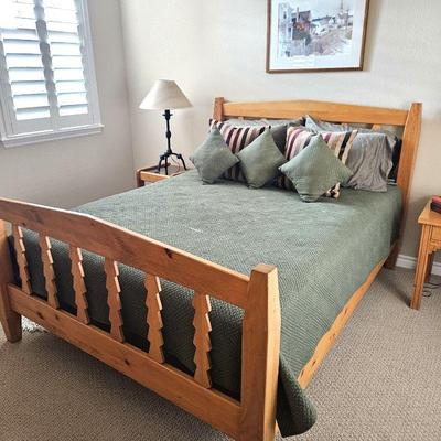 Queen Size Pine Bed Frame with Headboard and Footboard - Includes Mattress, Box Spring & Bedding Seen