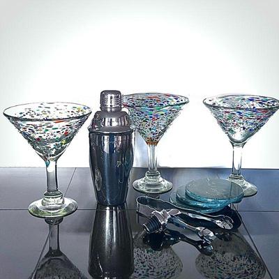 Martini Glasses & Bar Accessories Set - Colorful Glasses, Shaker, Coasters & More