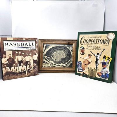 Lot #115 - Old Framed Photo (Newspaper) of Cleveland Stadium Plus Two Large Color Coffee Table Books on Baseball