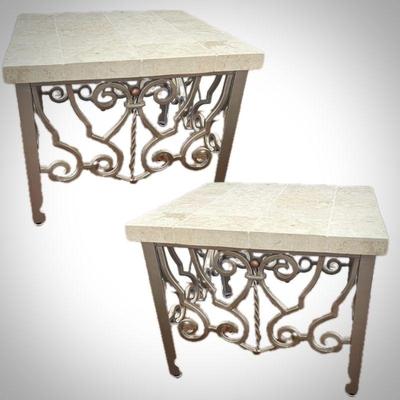 Travertine Tile Top and Scrolled Iron tables