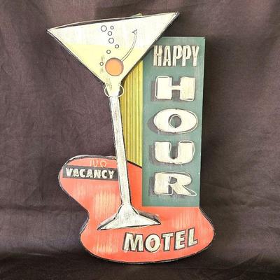 Fun Motel Happy Hour Sign - Wood & Tin - No Vacancy w/ Martini Glass Sign - 21" T x 14" W