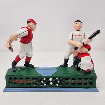 Vintage Cast Iron Baseball Themed Mechanical Piggy Bank - Pitcher throws the Coin