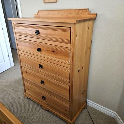 Pine Wood Chest of Drawers w/ Five Drawers and Rustic Hardware - 39"W 18"D 50.5"T
