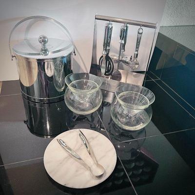 Modern Barware Set - Crate & Barrel Clio Stemless Martini Glasses, Ice Bucket, Cocktail Tools, & Cutting Board