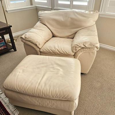 Top Grain Leather Buttercream Color Oversized Comfy Chair with Matching Ottoman