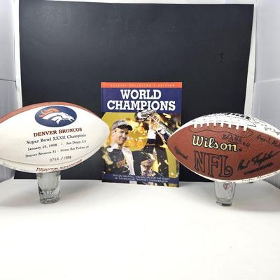 Limited Edition Broncos Superbowl XXXII Football 0764/1998 Plus Football Signed by 1990 CU Buffs Team