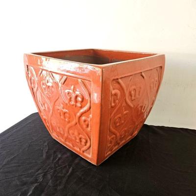 Large Planter - Square Shape with Ornate Design in Bright Terracotta Glaze