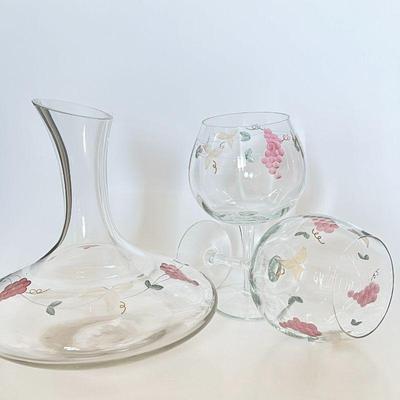 Romanian Rosenberg Crystal Set of Wine Goblets and Carafe w/ Etched Grapes & Leaves (Nieman Marcus)