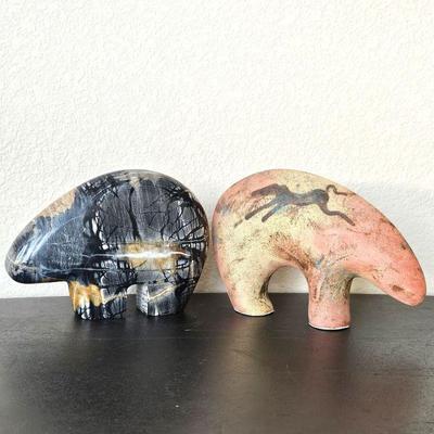 Colorado Style Decor - Two Decorative Bears, One Painted Ceramic & One Solid Carved Stone Each 6" Tall