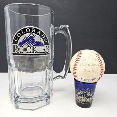 Lot #107 - Giant Rockies Glass Beer Stein Plus a Baseball Caught in the Stands at a Rockies Game - Hitter was Derek Bell