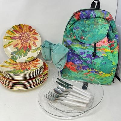  Colorful Dinnerware & Picnic Backpack Lot - Plates, Cutlery, Napkins, and More