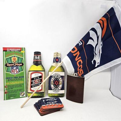 Set of Football Items - Broncos Flag & Coasters, 2 Bar Books, Flask & Vtg 1999 Coach Bass Sport Map NFL Football Guide