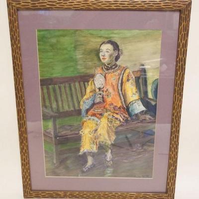 1081	WATER COLOR OF ASIAN LADY SITTING ON BENCH, ARTIS SIGNED LOWER RIGHT LOUISE KALLER, APPROXIMATELY 19 IN X25 IN OVERALL

