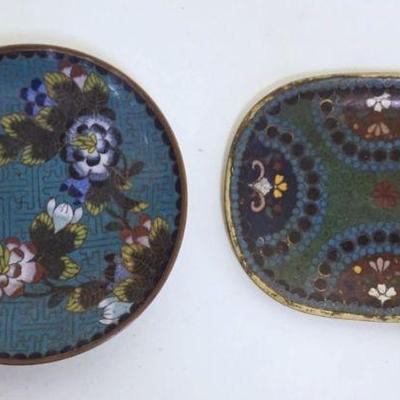 1026	2 SMALL CLOISONNE TRAYS, LARGEST APPROXIMATELY 3 1/2 IN X 5 IN
