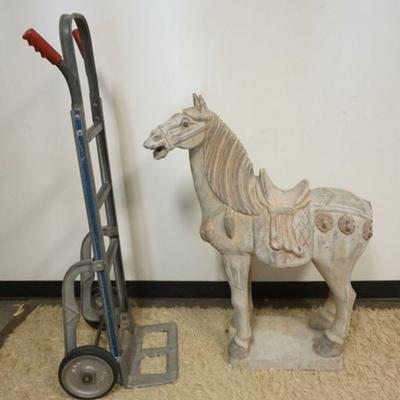 1193	CHINESE TERRACOTTA POLYCHROME DECORATED FIGURE OF A LARGE FLOOR STANDING HORSE, APPROXIMATELY 14 IN X 35 IN 42 IN H, TAIL MISSING
