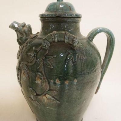 1158	CHINESE GREEN GLAZED POTTERY WINE JUG, APPROXIMATELY 18 1/2 IN H
