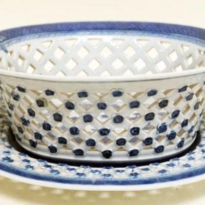 1132	CHINESE CANTON PORCELAIN DOUBLE HANDLED BASKET WITH RETICULATED EDGE UNDER PLATE, APPROXIMATELY 10 IN X 9 IN X 5 IN H
