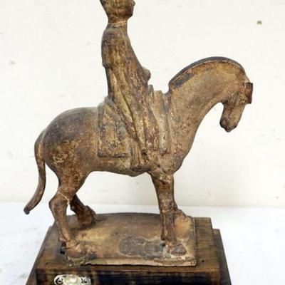1183	CHINESE TERRACOTTA FIGURE OF MAN RIDING HORSE ON WOOD BASE, APPROXIMATEY 12 1/2 IN H

