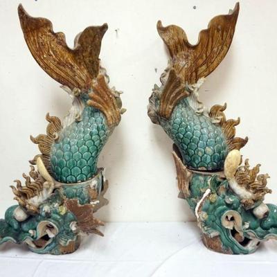 1205	LARGE CHINESE GLAZED TERRACOTTA 2 PART FISH PAIR, EACH APPROXIMATELY 22 IN X 8 IN X 36 IN H, BOTH HAVE DAMAGE AND LOSS
