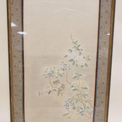 1108	FRAMED SILK EMBROIDERED ASIAN TEXTILE, IMAGE OF BIRDS ON BRANCHES, APPROXIMATELY 20 IN X 31 IN OVERALL
