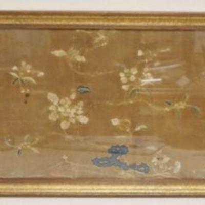 1083	ASIAN EMBROIDERED SILK OF FLOWERS WITH INK WRITING, APPROXIMATELY 15 IN X 48 IN OVERALL
